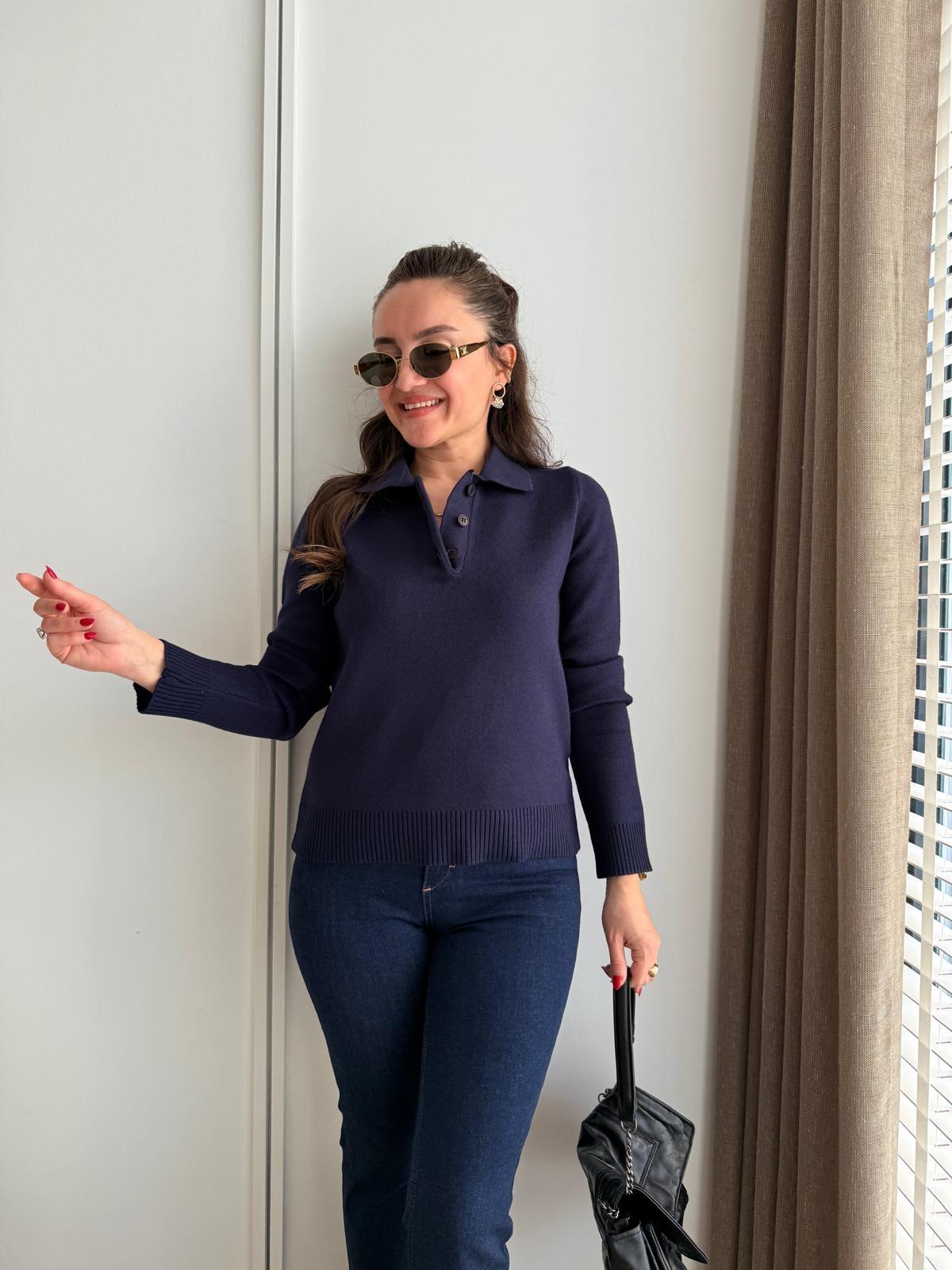 Lacivert Polo Yaka Düğmeli Triko Kazak 241174