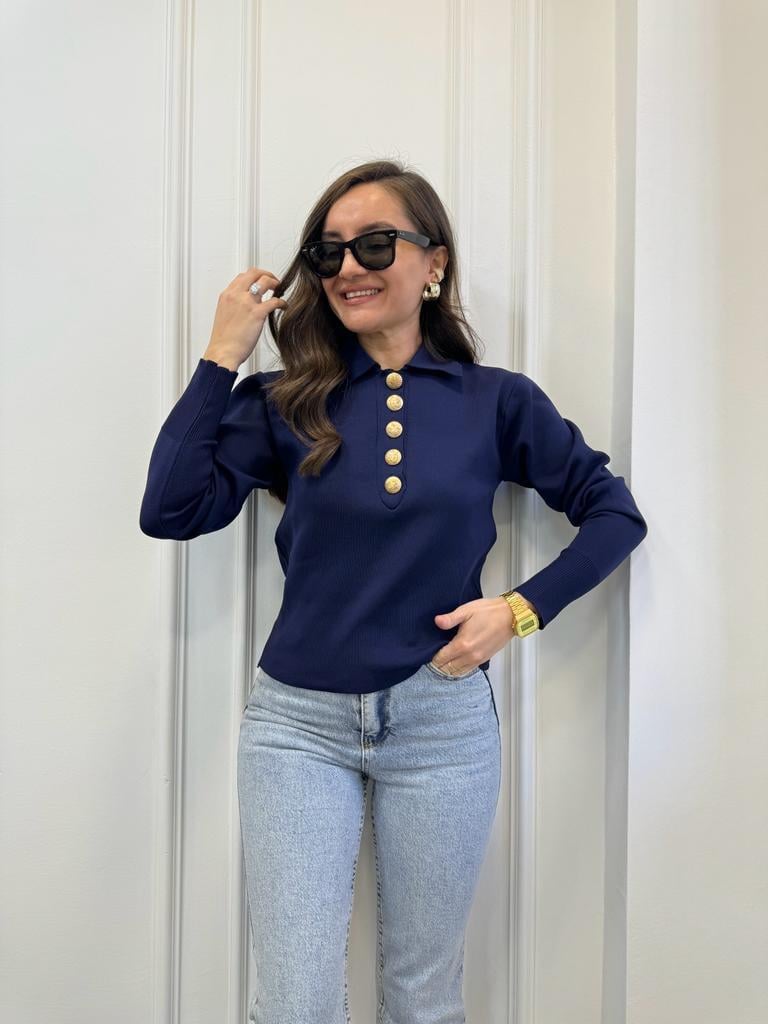 Lacivert Polo Yaka Gold Düğmeli Triko Kazak 3885