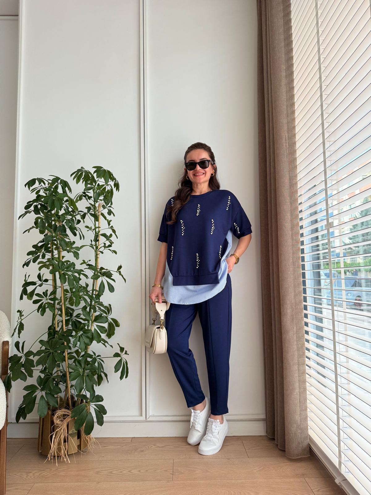 Lacivert Poplin Detaylı İncili Takım 2235