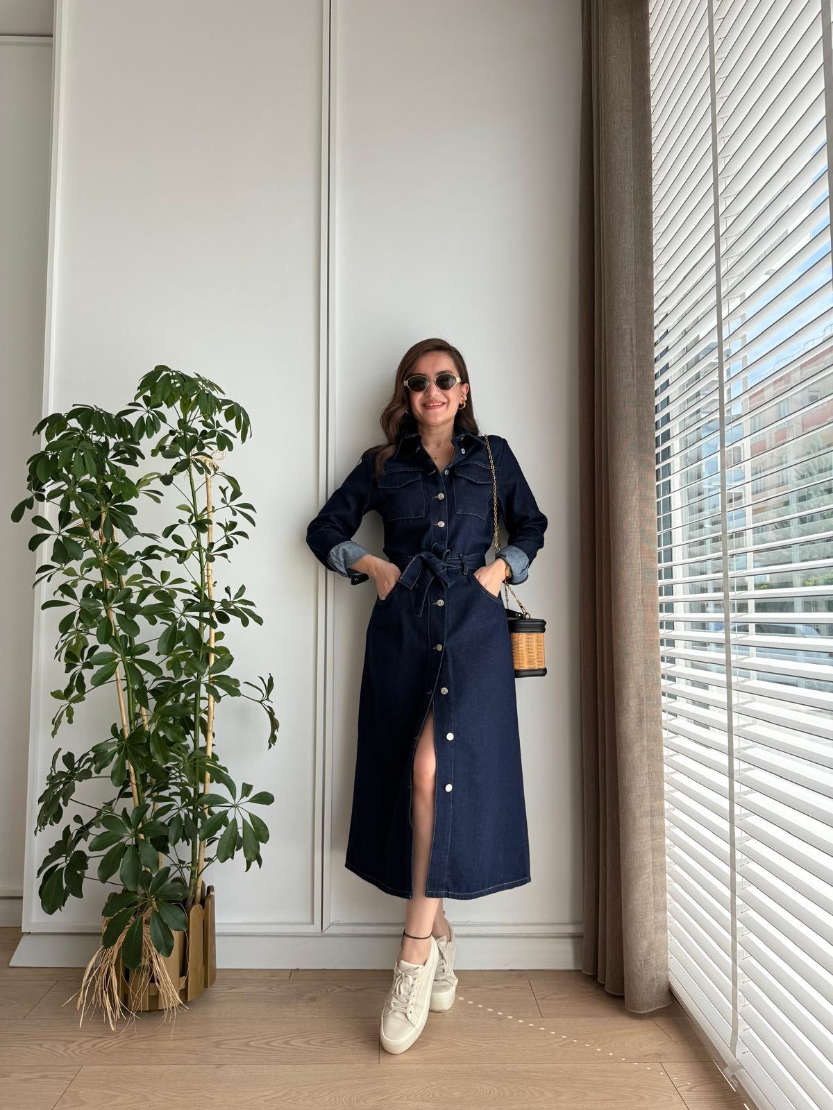 Lacivert Premıum Seri Kuşaklı Jean Elbise 7326