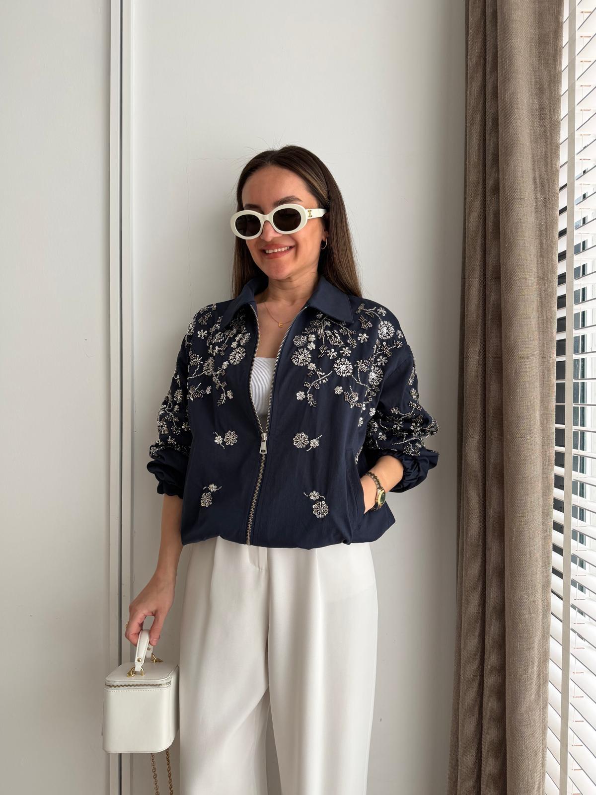 Lacivert Pul Nakış İşlemeli Bomber Gabardin Ceket 99964