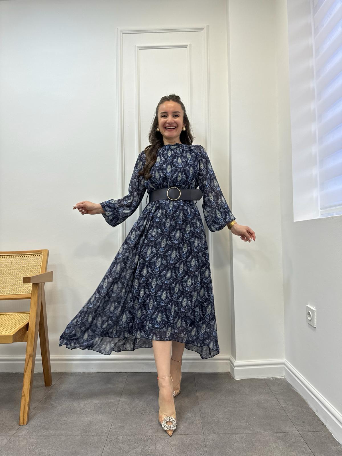 Lacivert Renkli Desenli Kemerli Midi Boy Elbise 3269