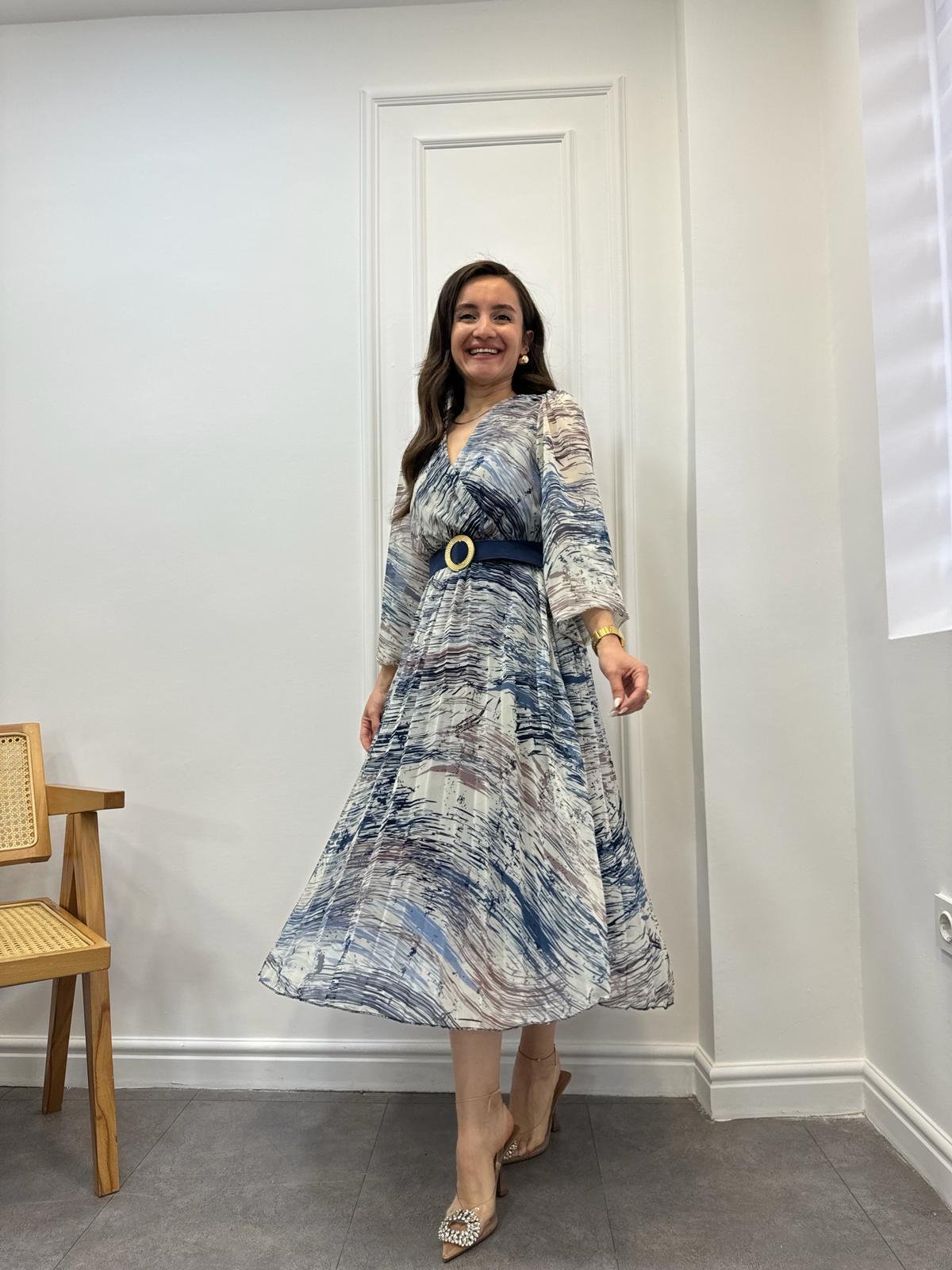 Lacivert Renkli Desenli Piliseli Kemerli Elbise 3286