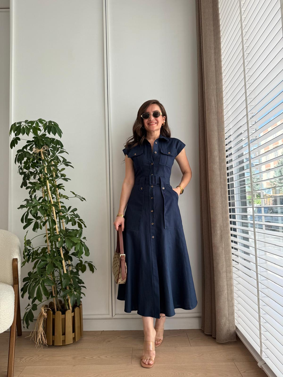 Lacivert Safari Cepli Kemerli Gömlek Elbise 8193