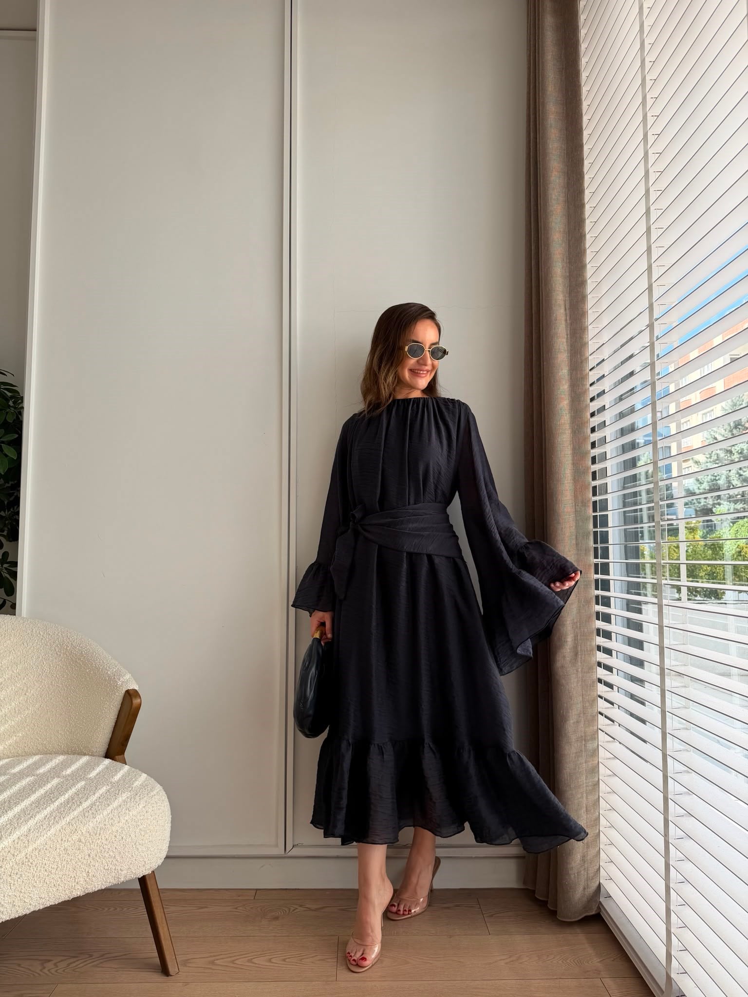 Lacivert Şallı Büzgülü Elbise 3404