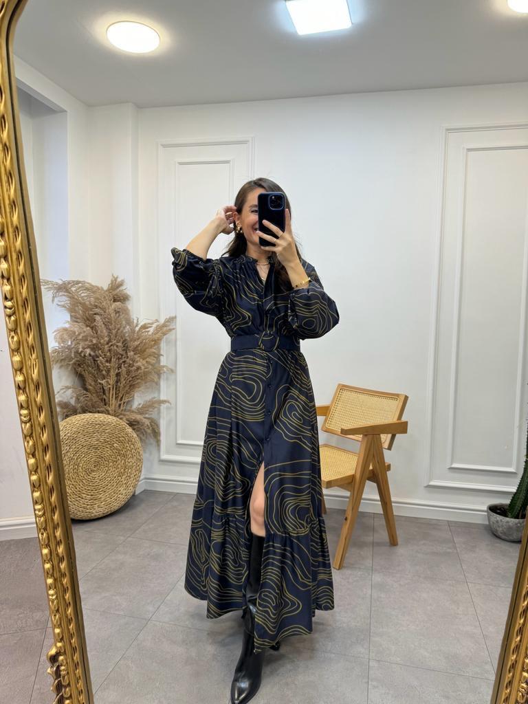 Lacivert Sarı Desenli Kemerli Hakim Yaka Elbise 035