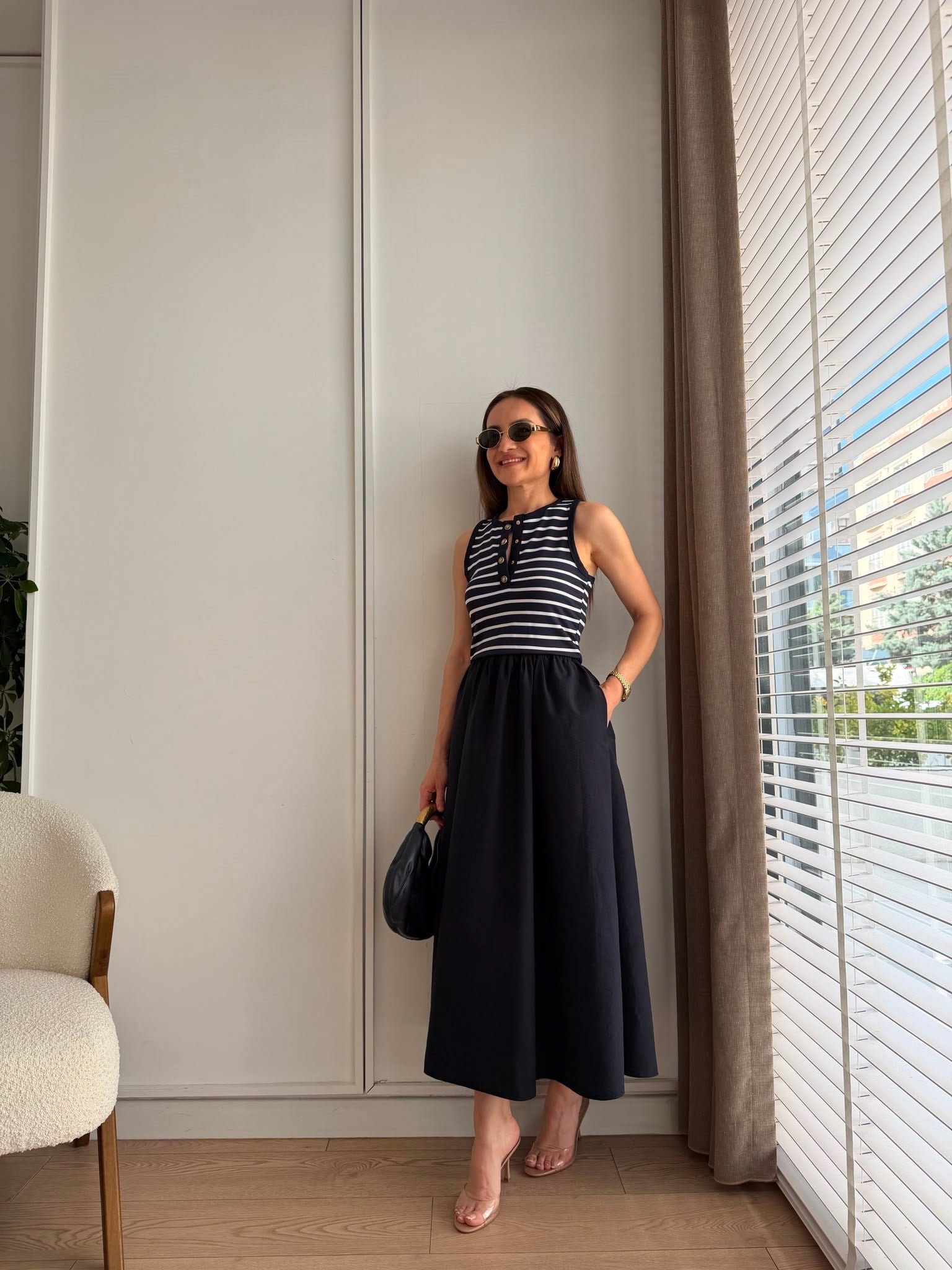 Lacivert Sıfır Kol Beli Lastikli Çizgili Garnili Elbise 37460