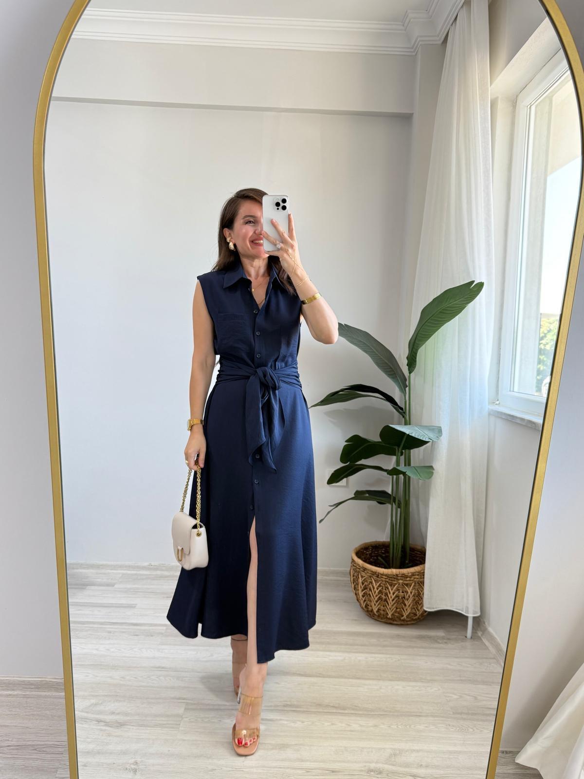 Lacivert Sıfır Kol Kendinden Kuşaklı Elbise 229