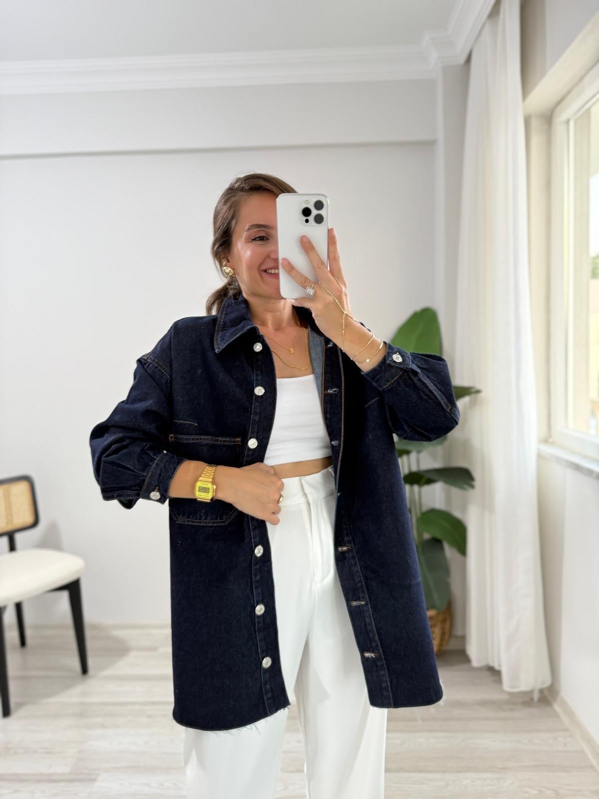 Lacivert Sırt Nakış Detaylı Denim Ceket 6025