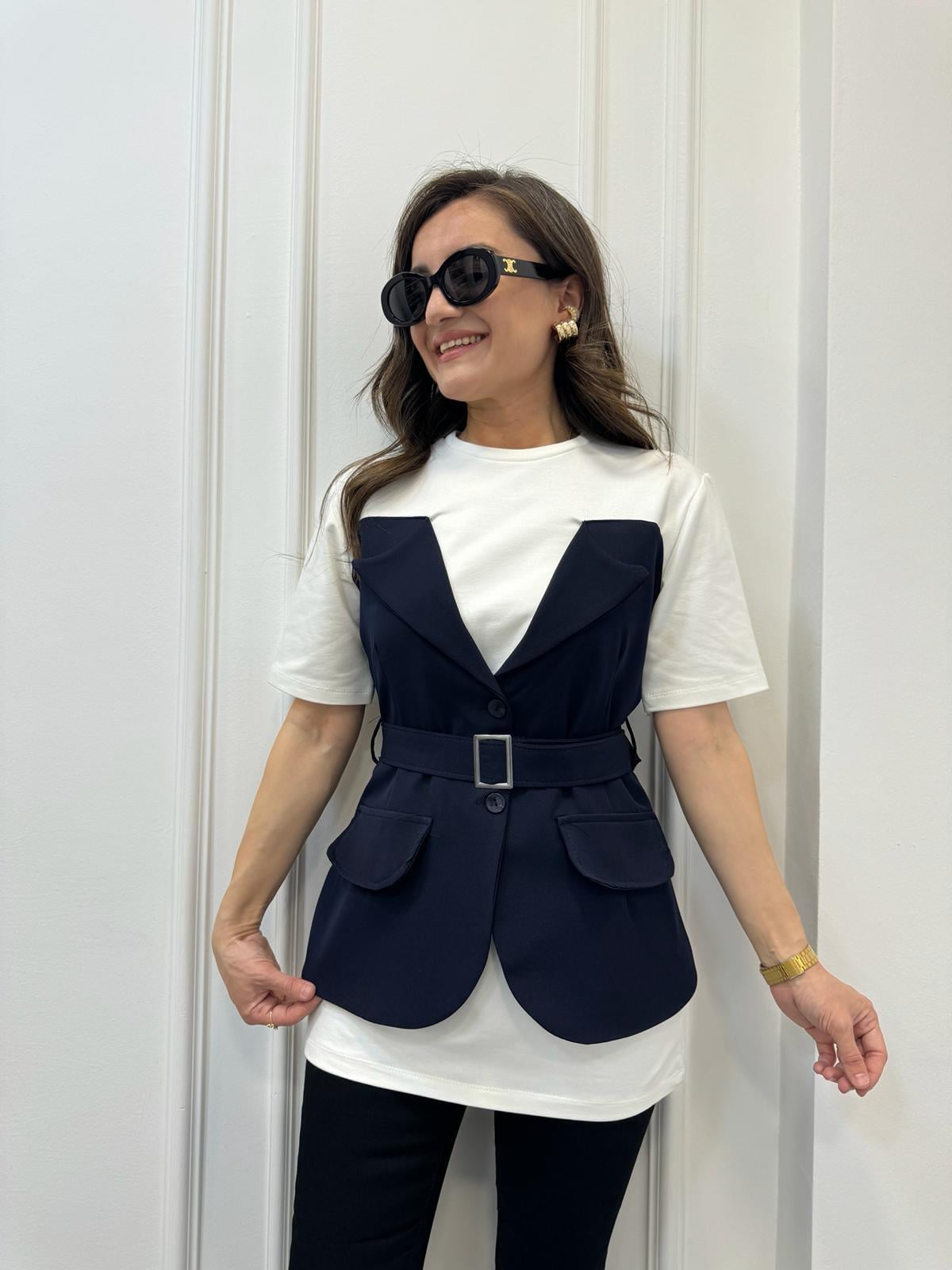 Lacivert Tasarım Blazer Ceket Detaylı Bluz 58717