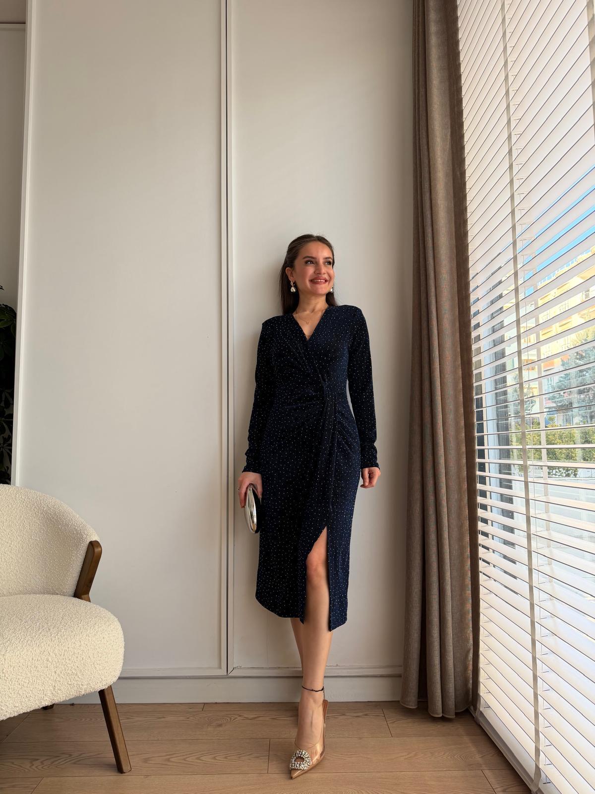 Lacivert Taşlı Sim Geçişli Midi Boy Elbise 2699