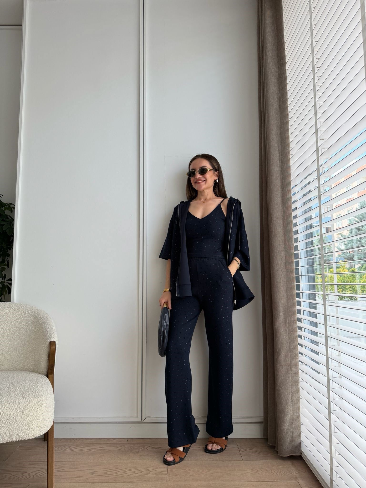 Lacivert Taşlı Üçlü Takım 2366