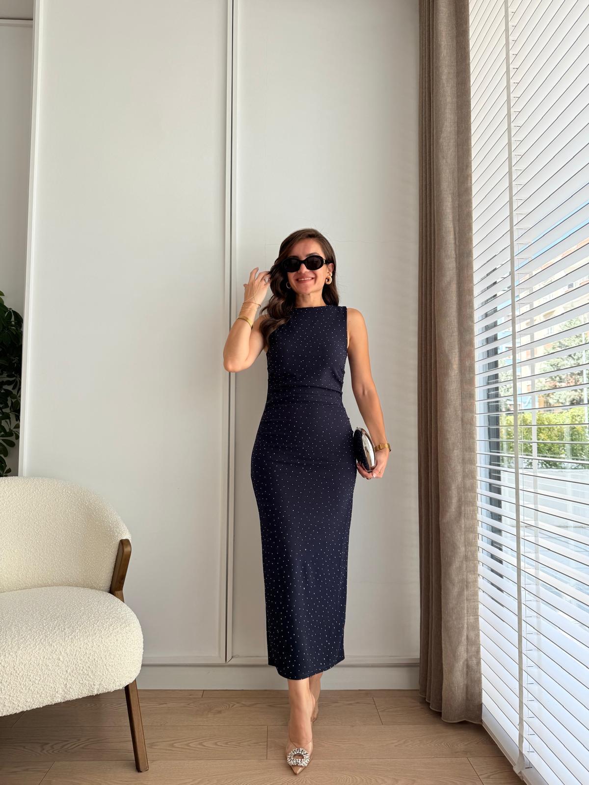 Lacivert Taşlı Yırtmaçlı Midi Boy Elbise 1314