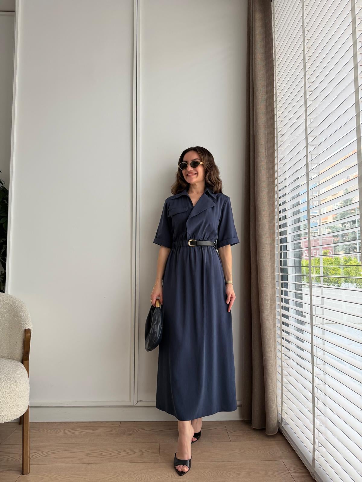 Lacivert Tek Cepli Ön Detaylı Kemerli Kısa Kol Elbise 37247