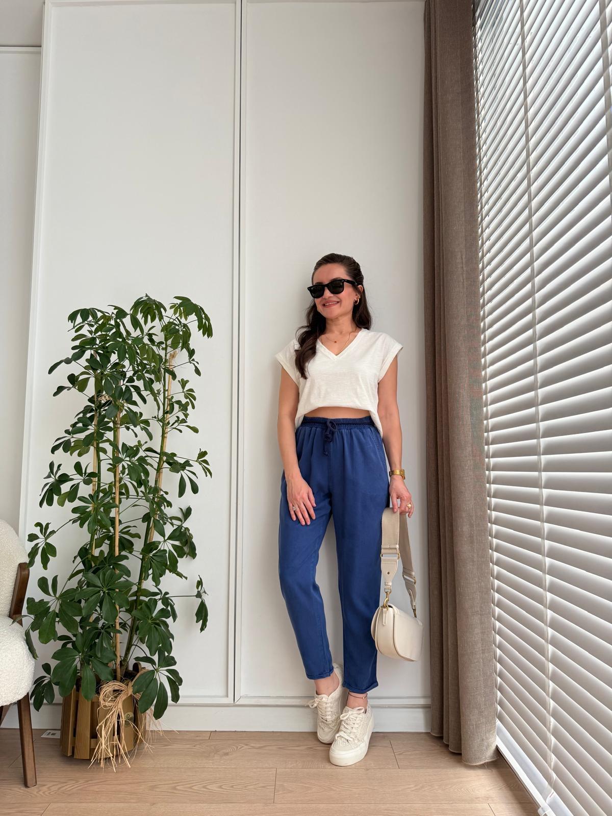 Lacivert Tensel Kumaş Beli Lastikli Havuç Pantolon 5285