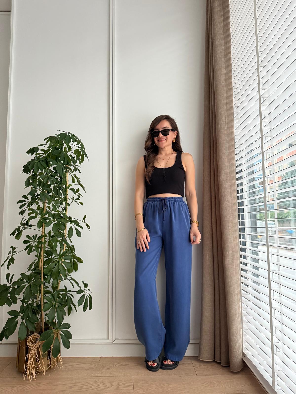 Lacivert Tensel Kumaş Beli Lastikli Palazzo Pantolon 8033
