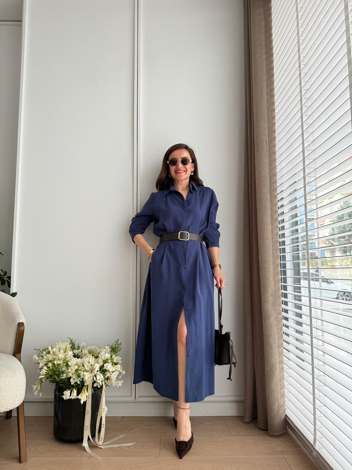 Lacivert Tensel Kumaş Kemerli Gömlek Elbise 580286