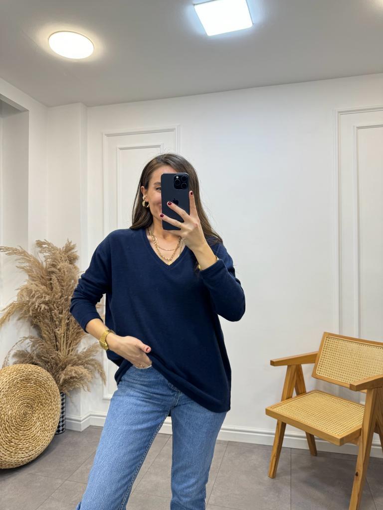 Lacivert V Yaka Yumoş Triko Bluz 7590