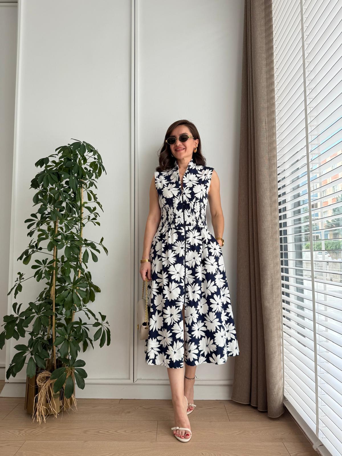 Lacivert Vatkalı Fermuarlı Bel Gipeli Elbise 1028