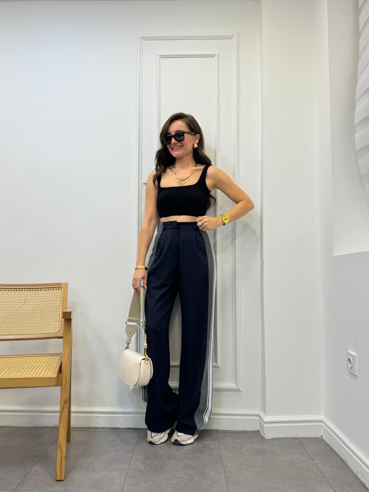 Lacivert Yanı Şeritli Tasarım Palazzo Pantolon 0042