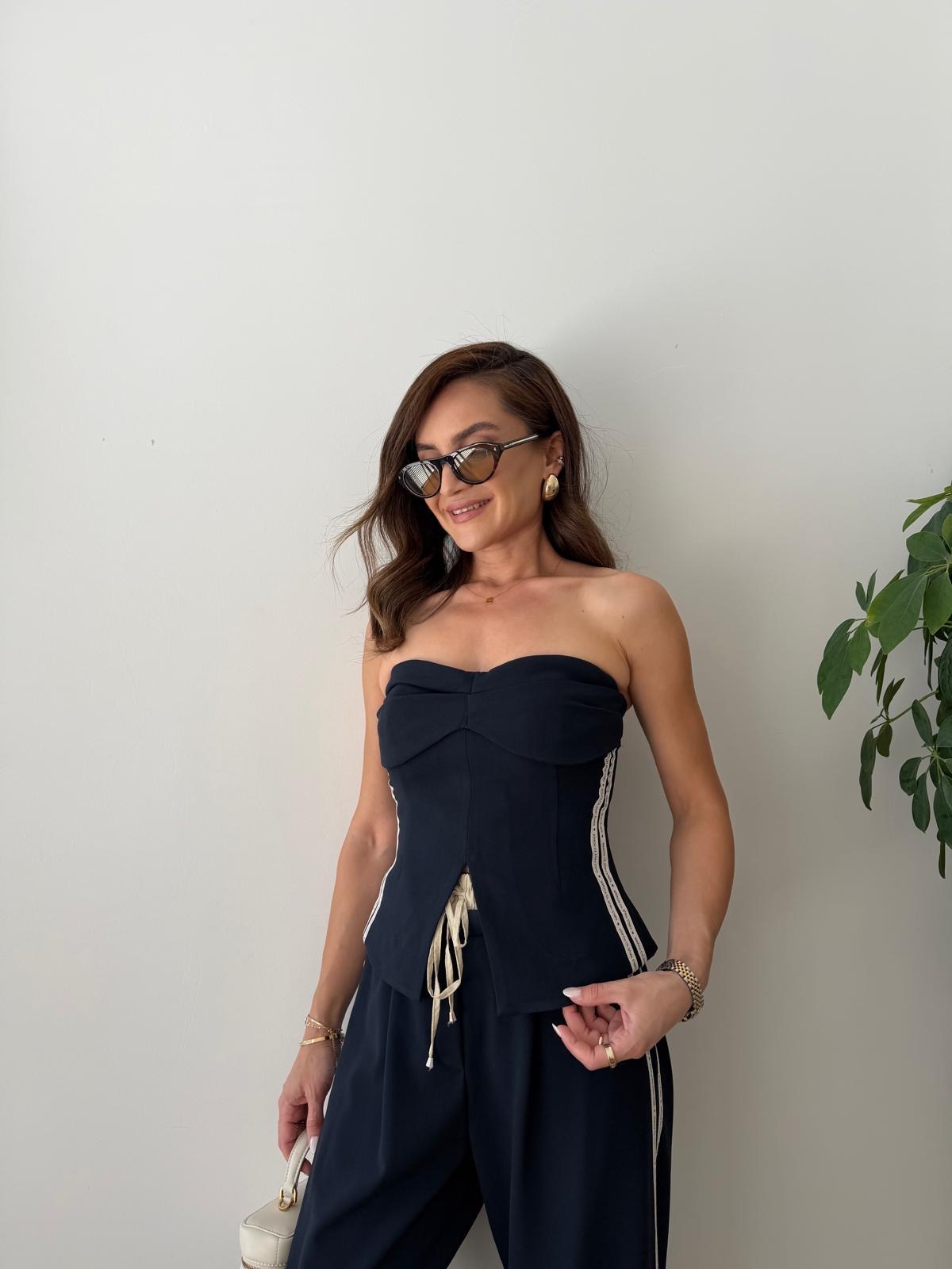 Lacivert Yanları Şeritli Korse Straplez Crop 23295