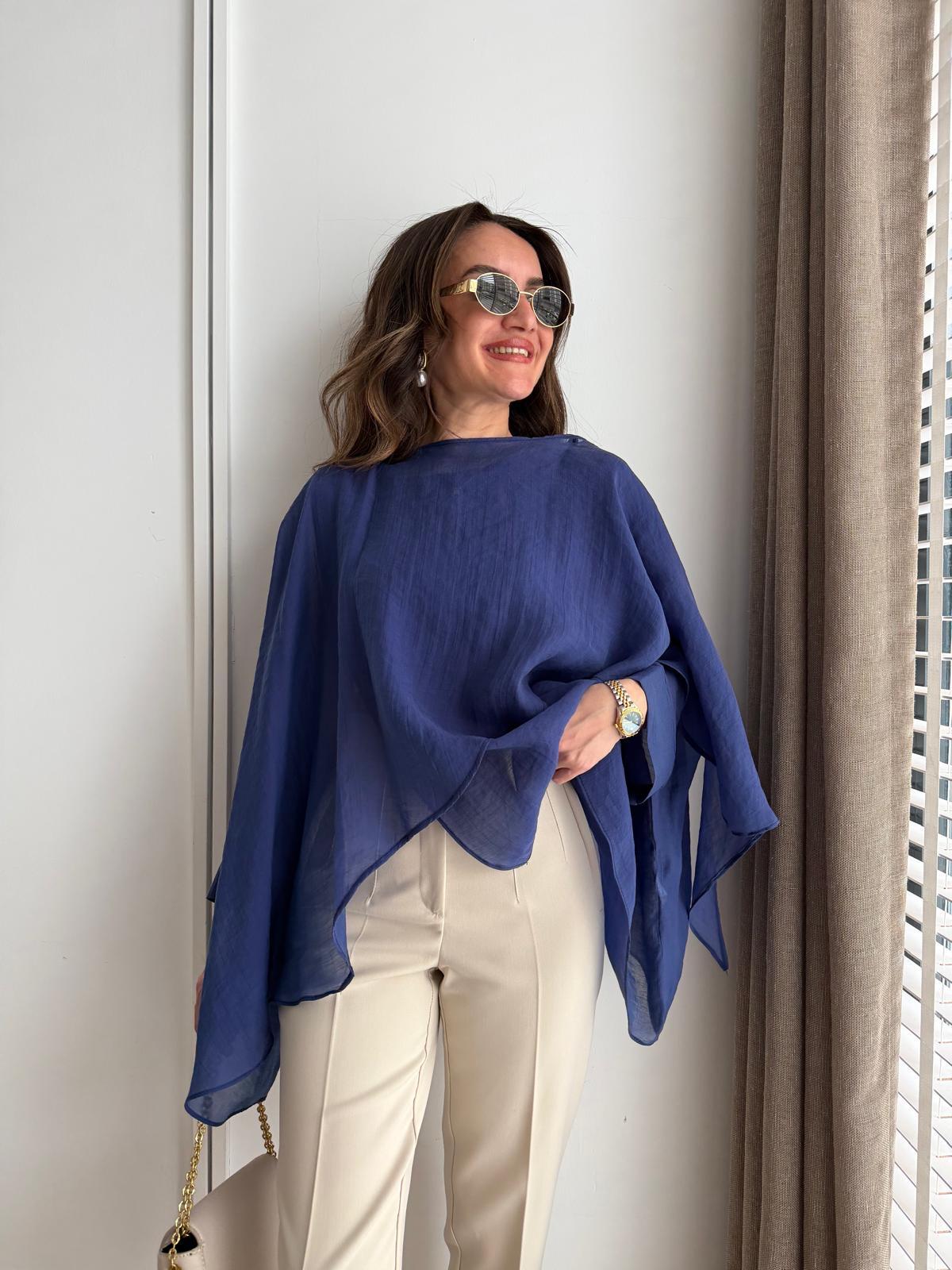Lacivert Yarasa Kol Pelerinli Bluz 5026