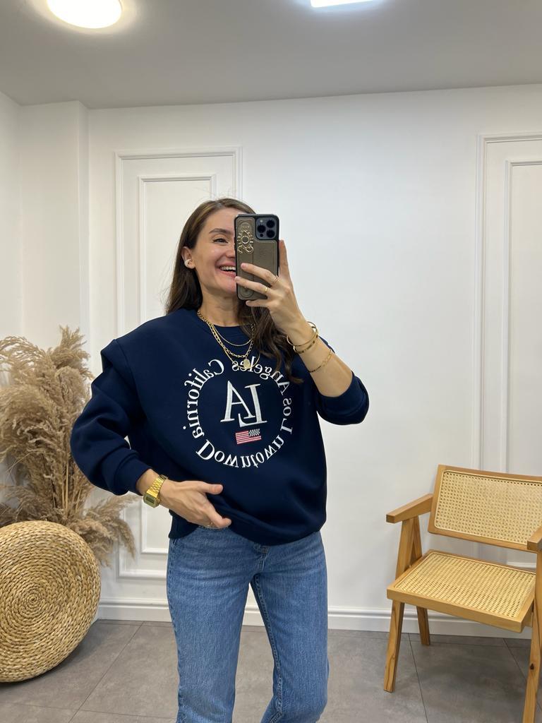 Lacivert Yazı Baskılı Bisiklet Yaka Sweatshirt 5011