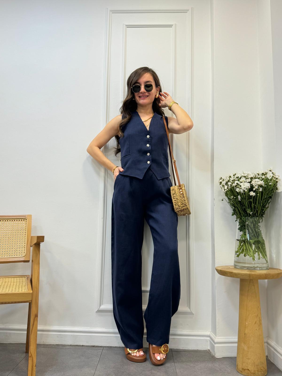 Lacivert Yelek Pantolon Keten Takım 7156