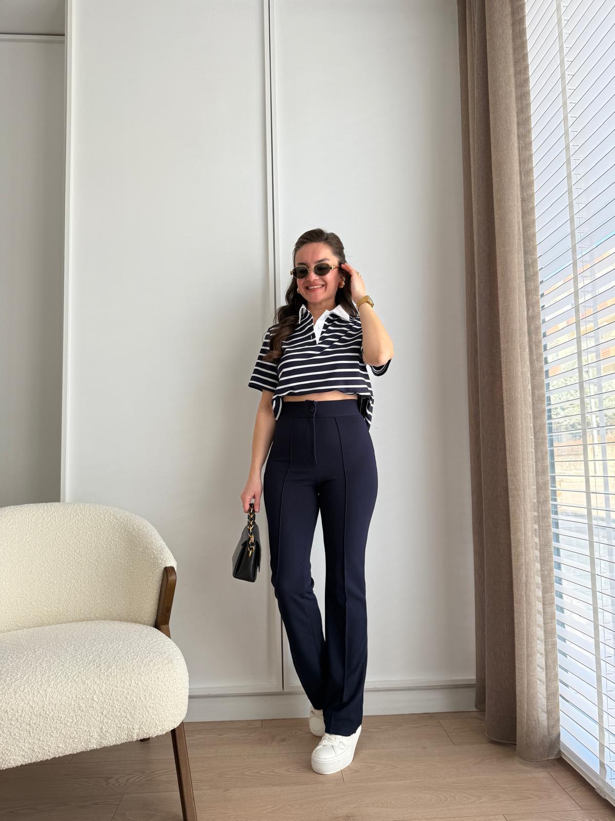 Lacivert Yüksek Bel Full Likralı Çımalı İspanyol Pantolon 1710