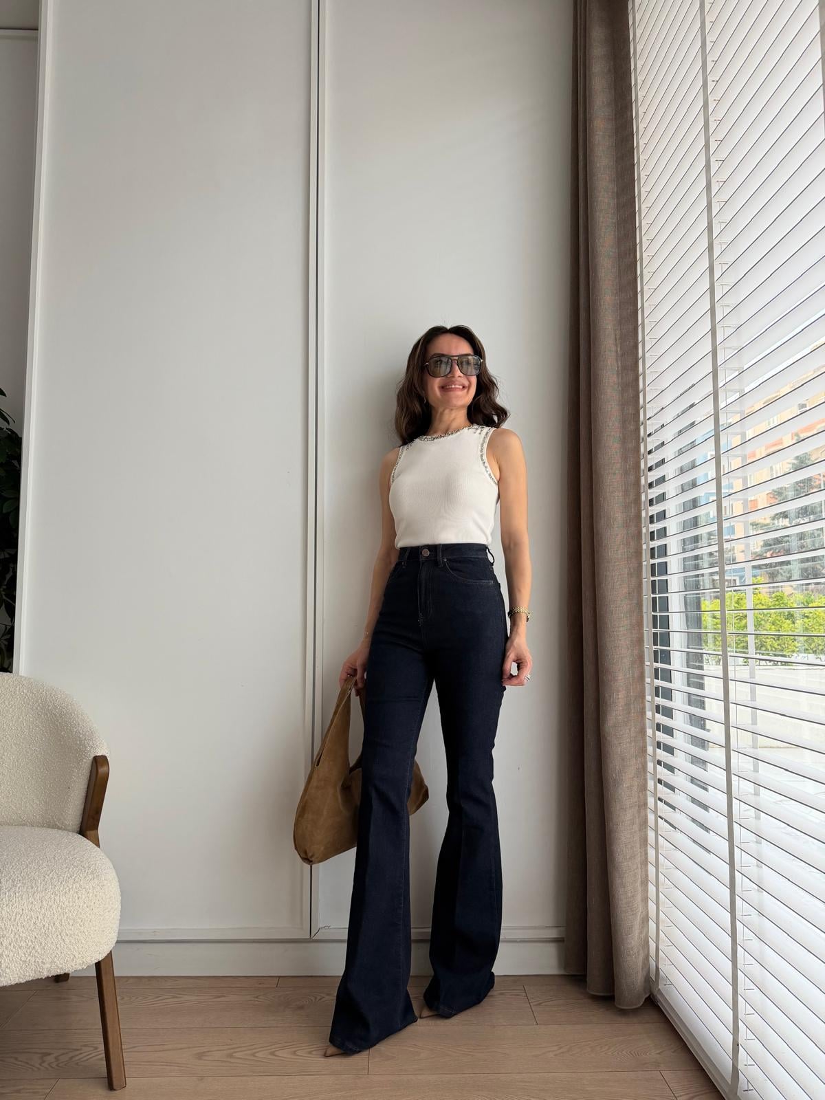 Lacivert Yüksek Bel İspanyol Paça Jean 050