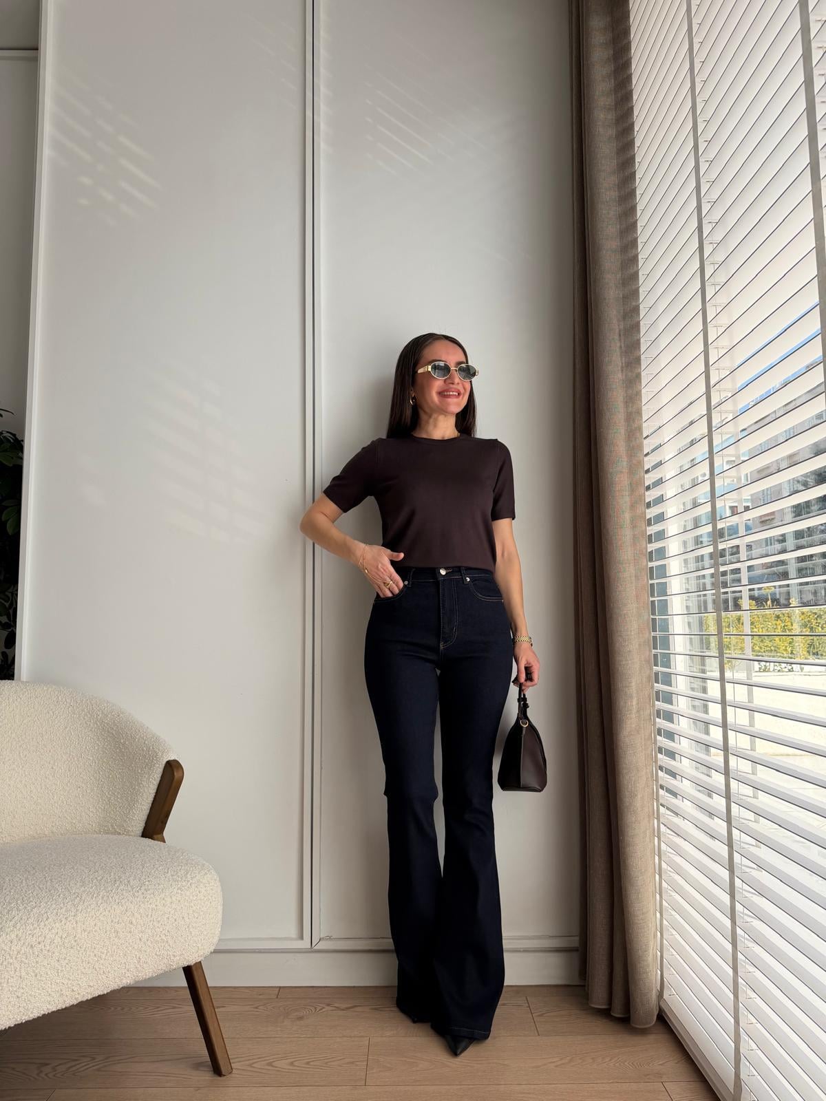 Lacivert Yüksek Bel İspanyol Paça Jean 0539