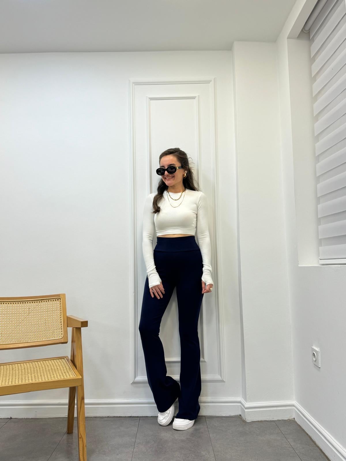 Lacivert Yüksek Bel İspanyol Paça Kaşkorse Pantolon 2024