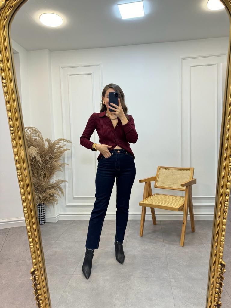 Lacivert Yüksek Bel Paçası Kesik Mom Jean 0520