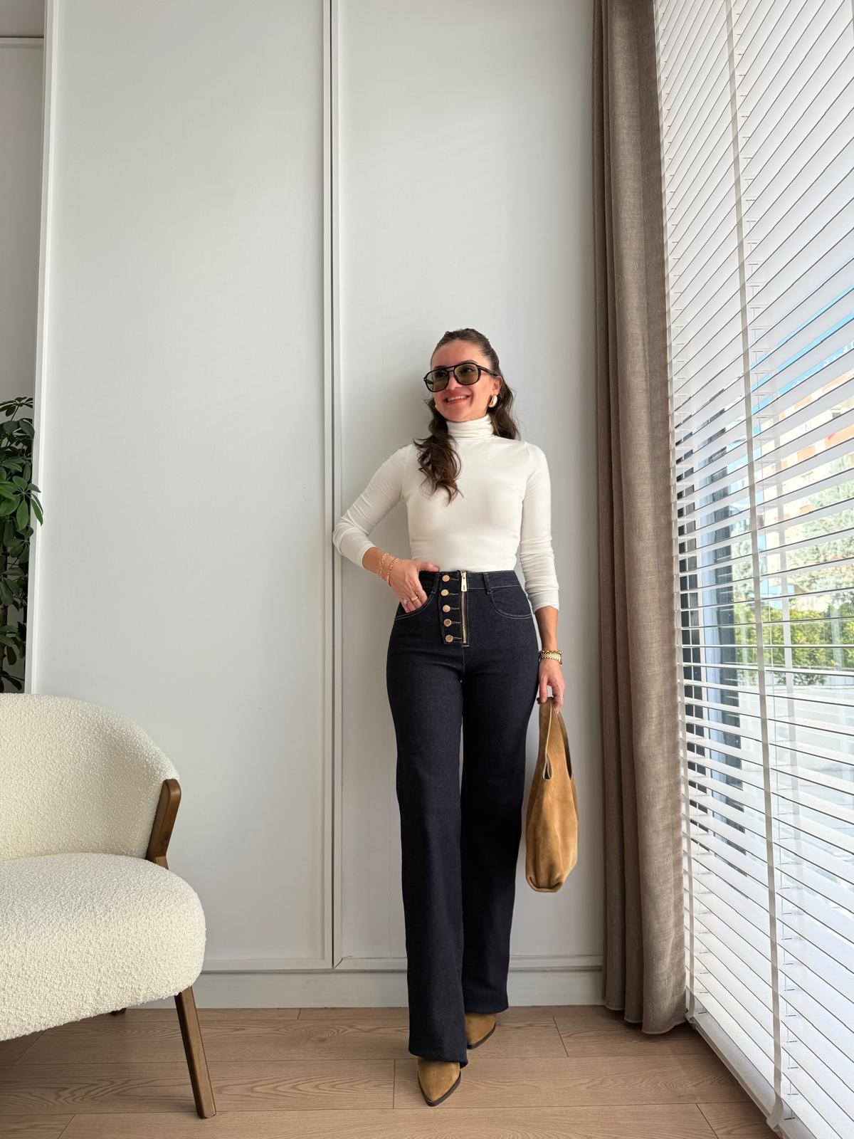 Lacivert Yüksel Bel Fermuar Detaylı Jean D885