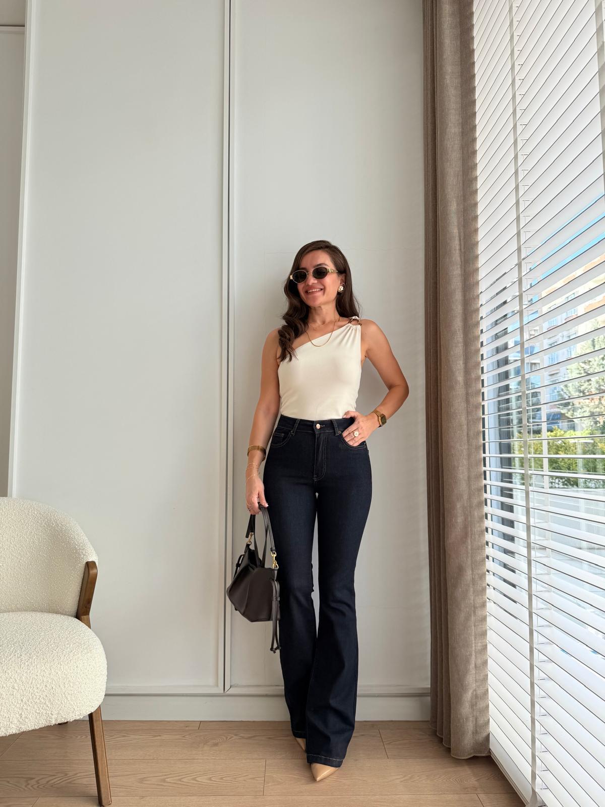 Lacivert Yüksel Bel Full Likralı İspanyol Paça Jean 0867