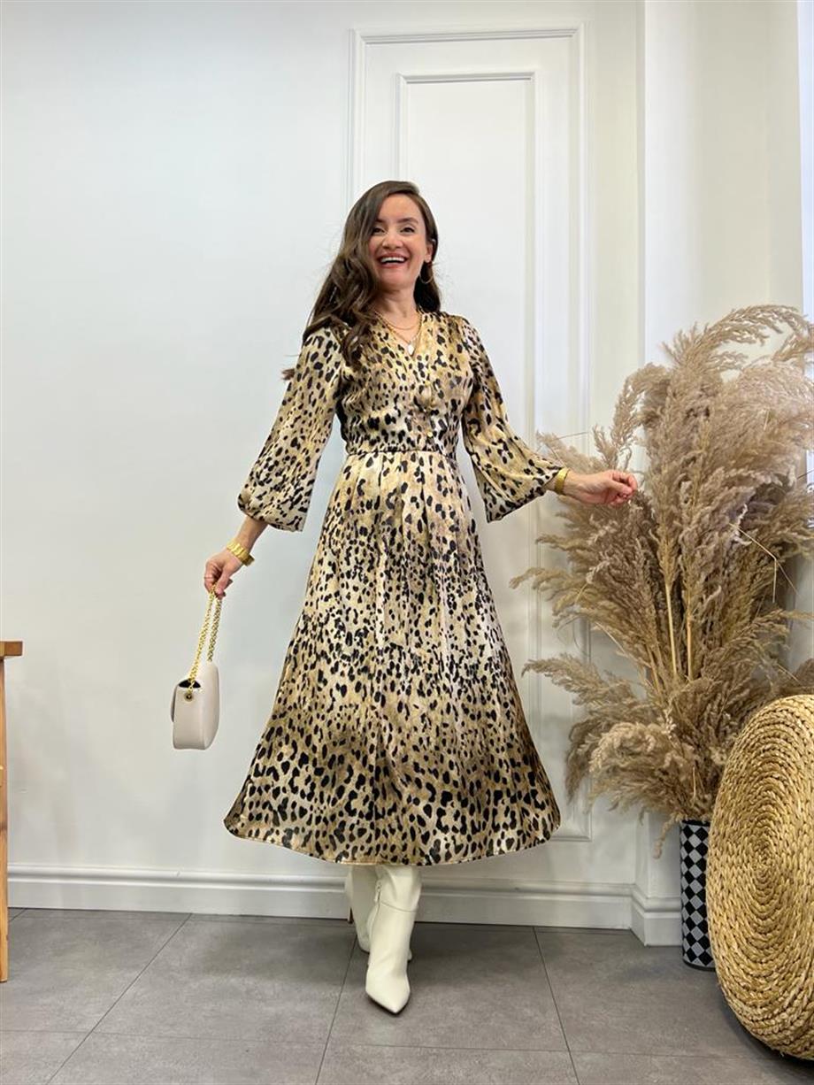 Leopar Desenli V Yaka Şifon Elbise 3073