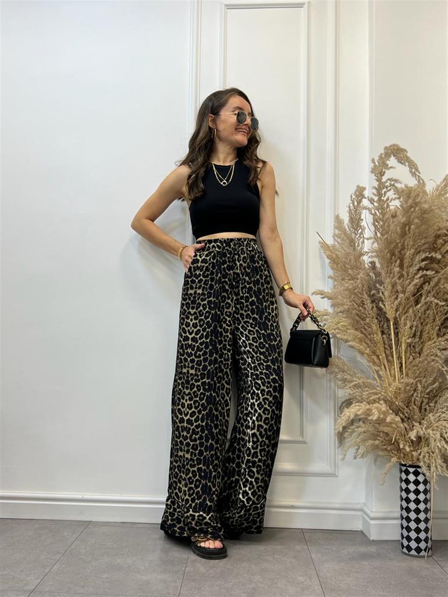 Leopar Paça Biye Detaylı  Beli Lastikli Palazzo Pantolon 0158