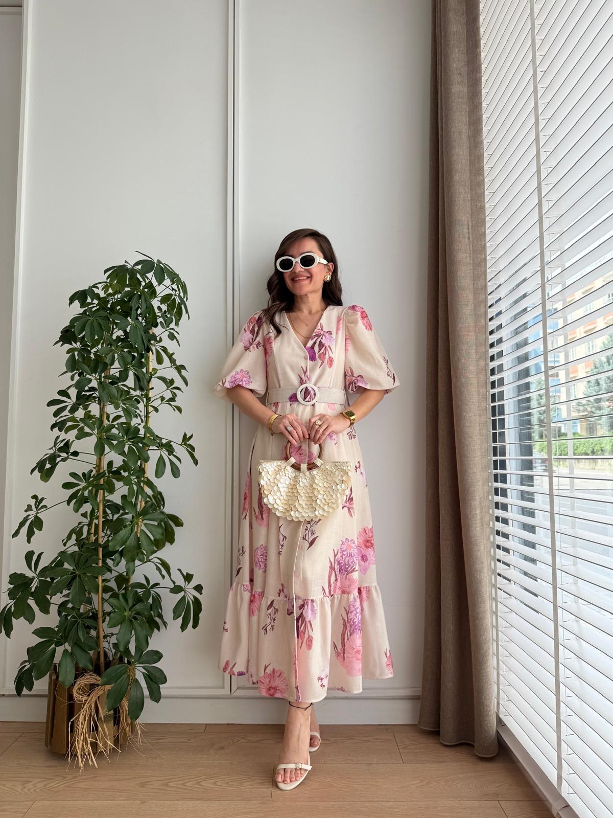 Lila Çiçek Desenli Kemerli Balon Kol Elbise 3040