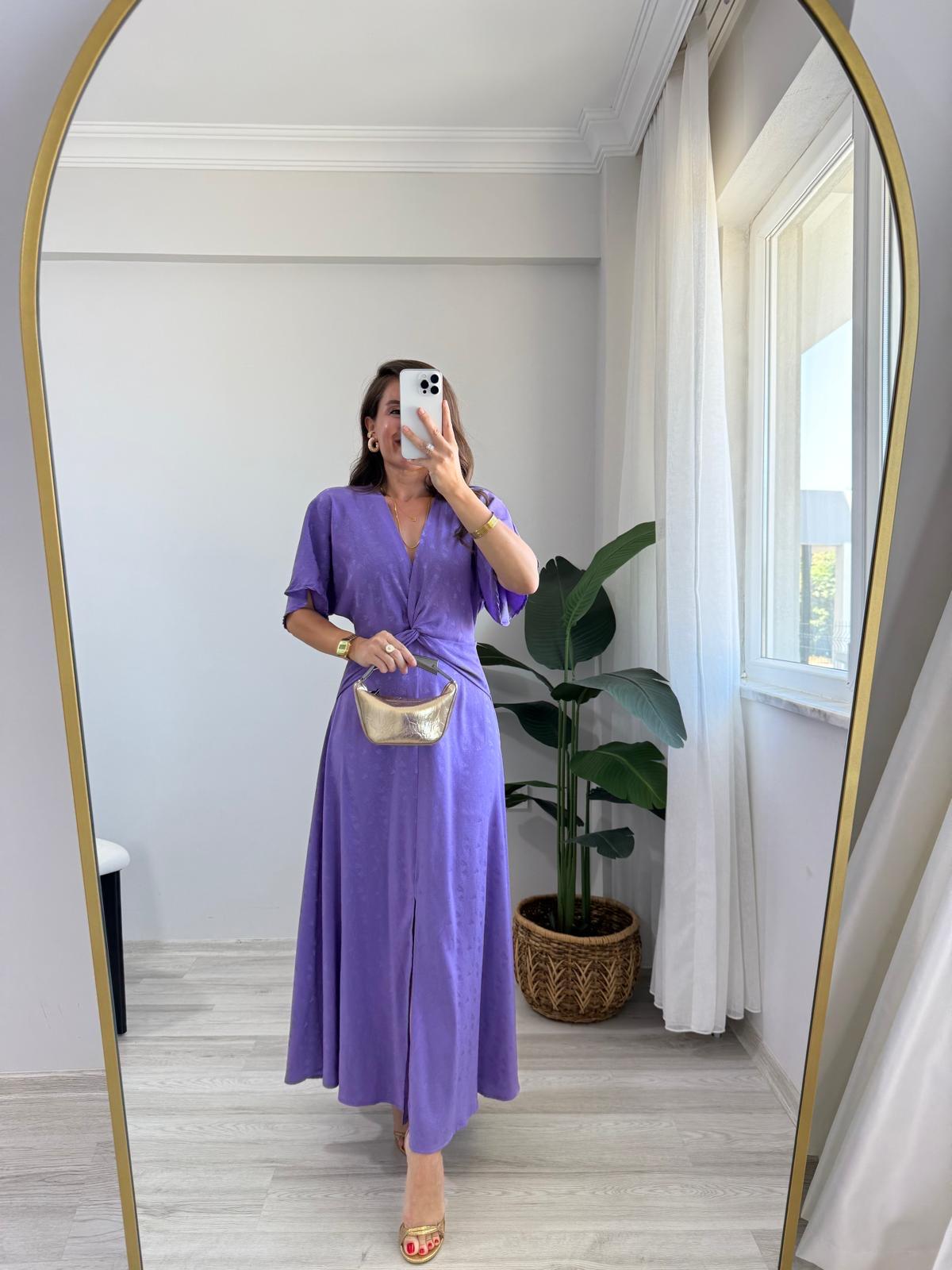 Lila Düğüm Detaylı Desenli Jakar Elbise K251670