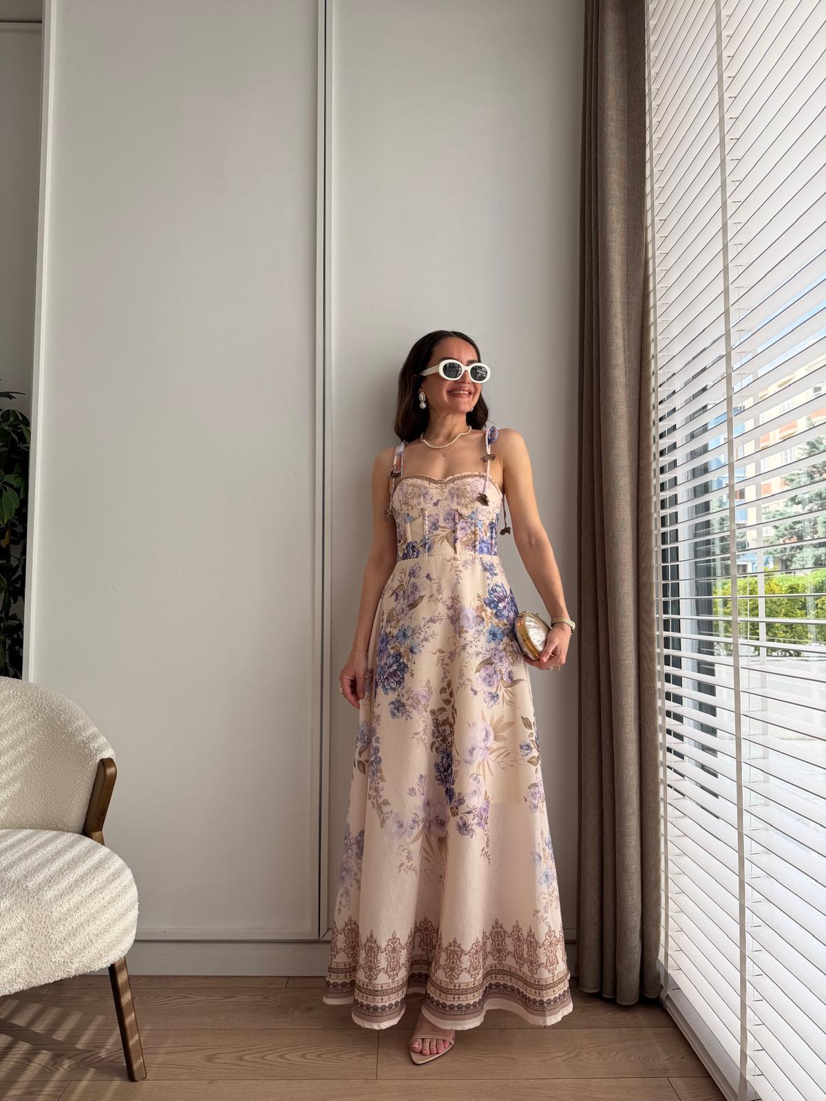 Lila İp Askılı Göğüs Kulplu Çiçek Desenli Elbise 7539