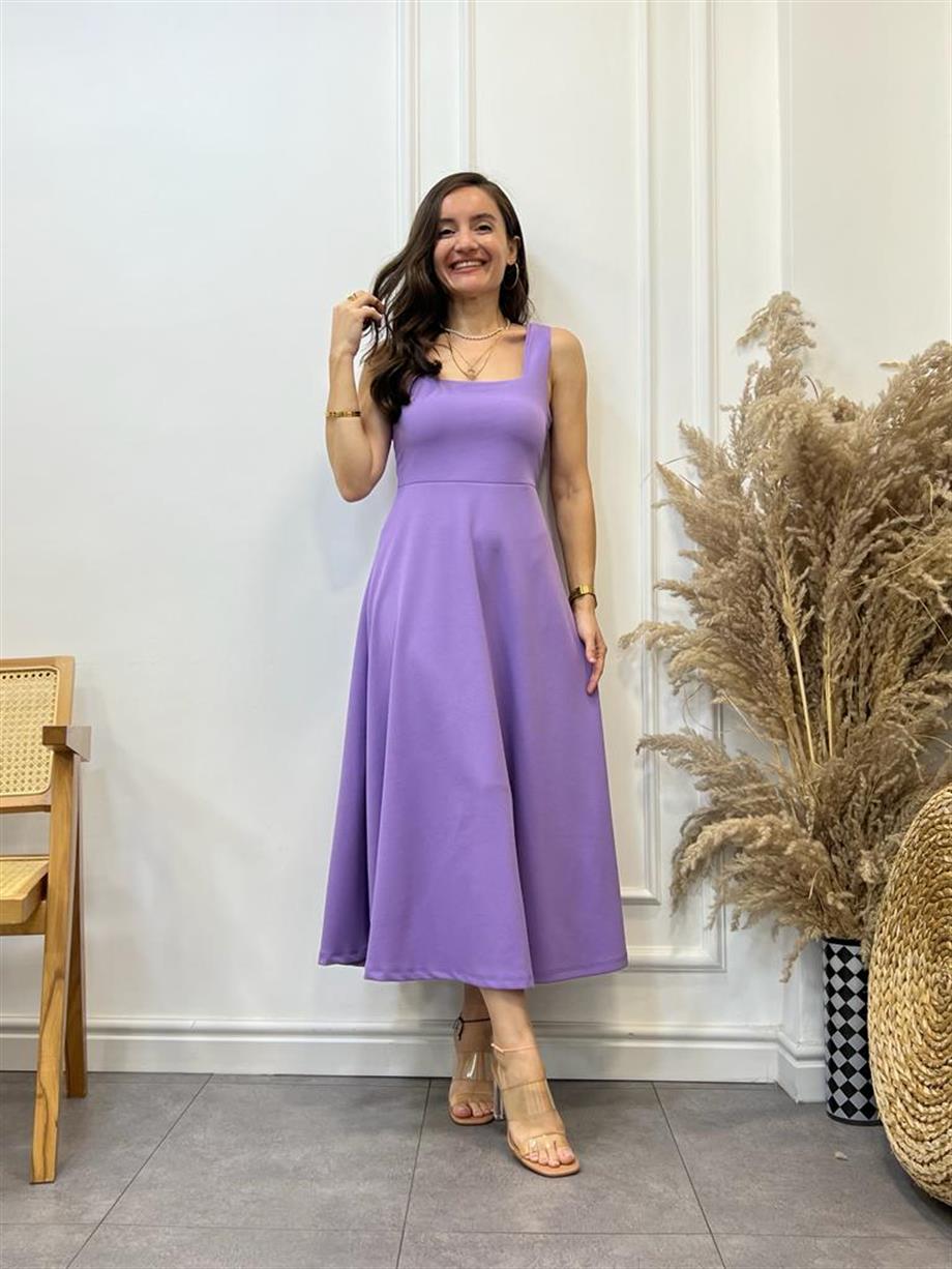 Lila Kalın Askılı Kare Yaka Elbise 3021