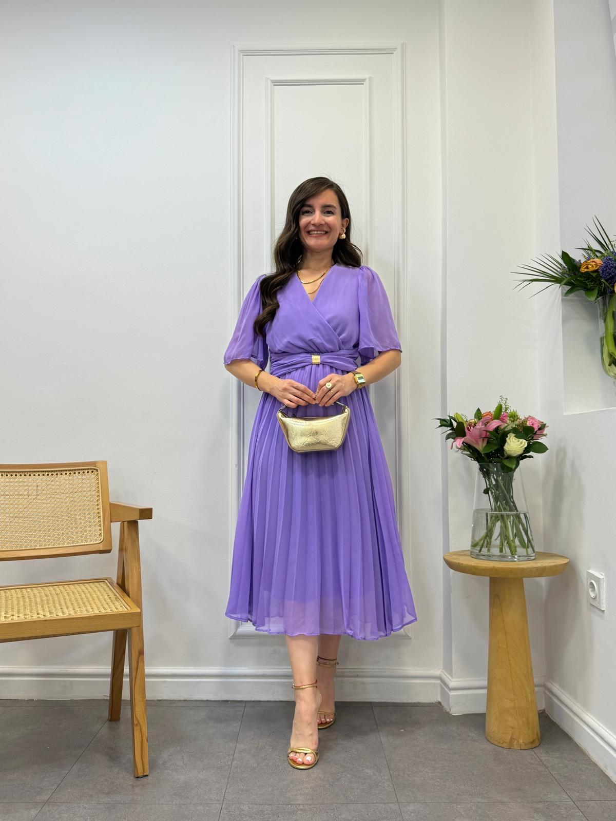 Lila Piliseli Bel Detaylı Şifon Elbise 3498