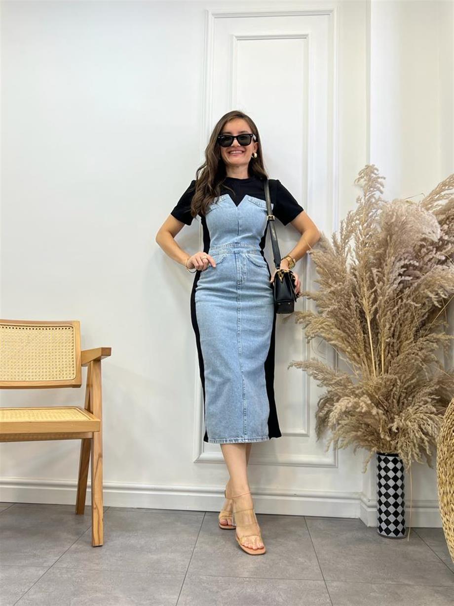 Lüx Kalite Jean Detaylı Siyah Şeritli Midi Boy Elbise 0201