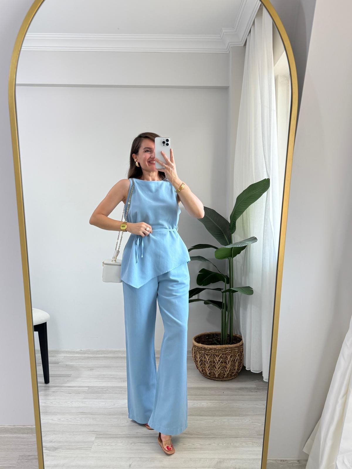 Mavi Asimetrik Kesim Bluz Pantolon Takım 8784