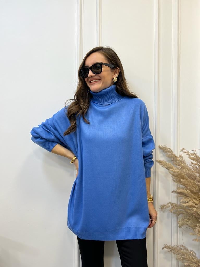 Mavi Balıkçı Yaka Oversize Triko Kazak 3525