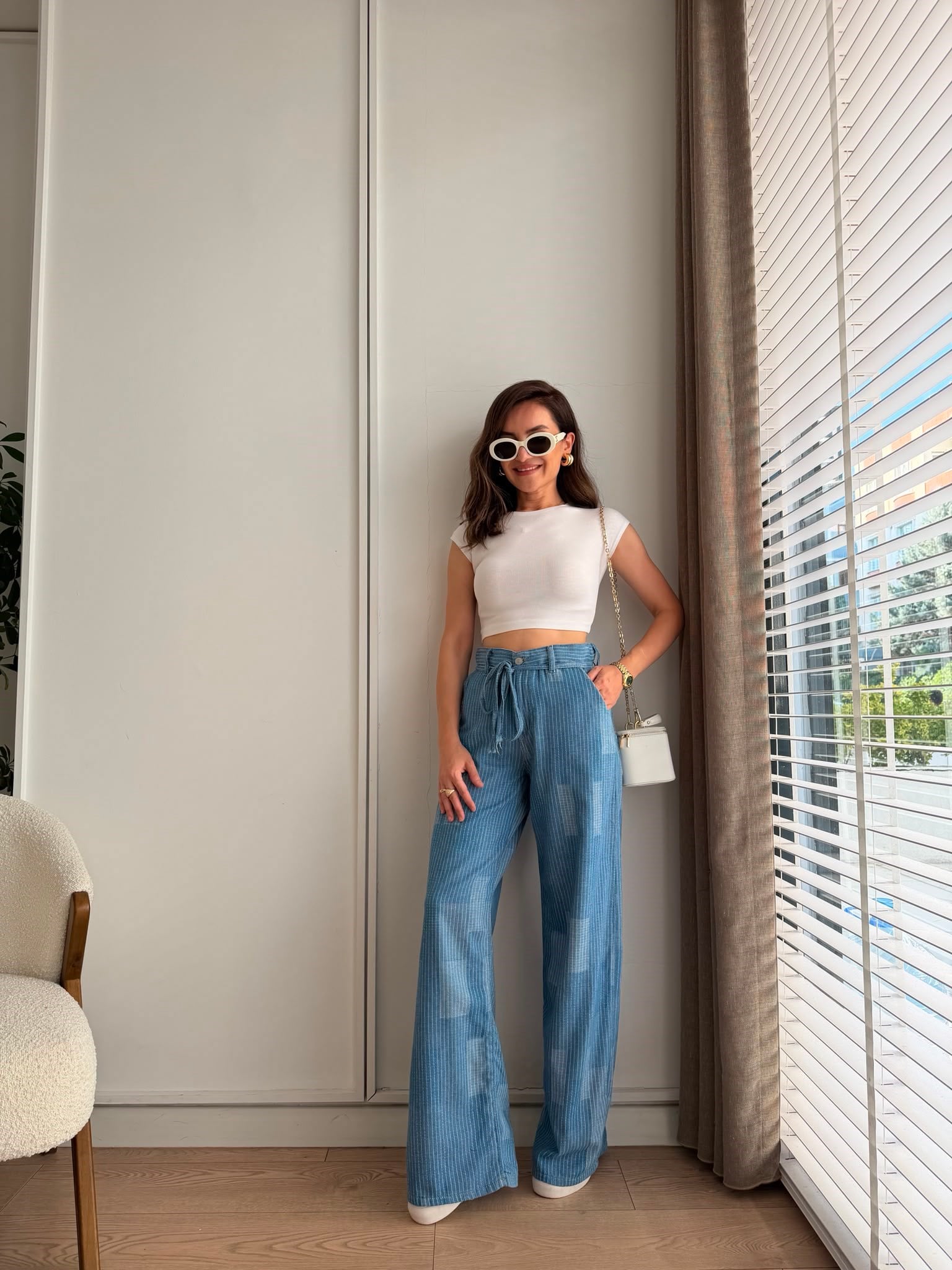 Mavi Bel Bağcıklı Çizgili Denim Pantolon 3630