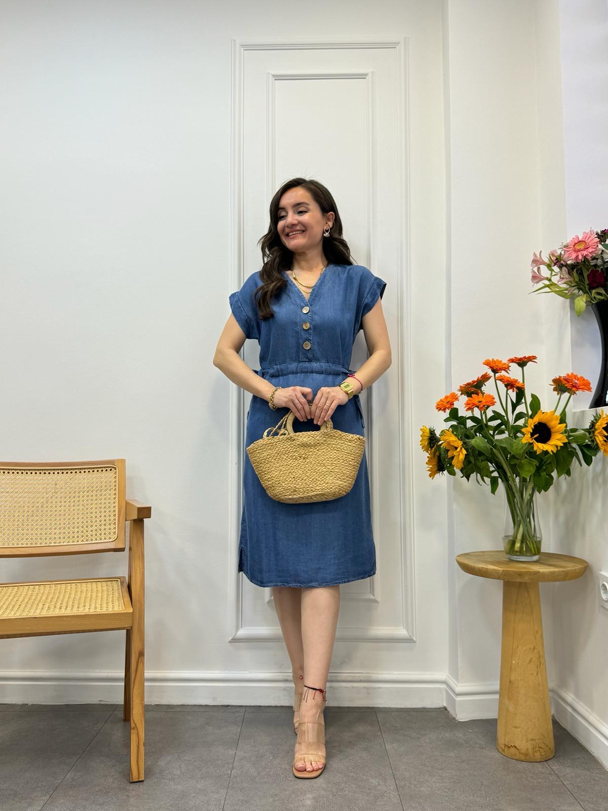 Mavi Bel Yandan Bağcıklı Kot Elbise 5544