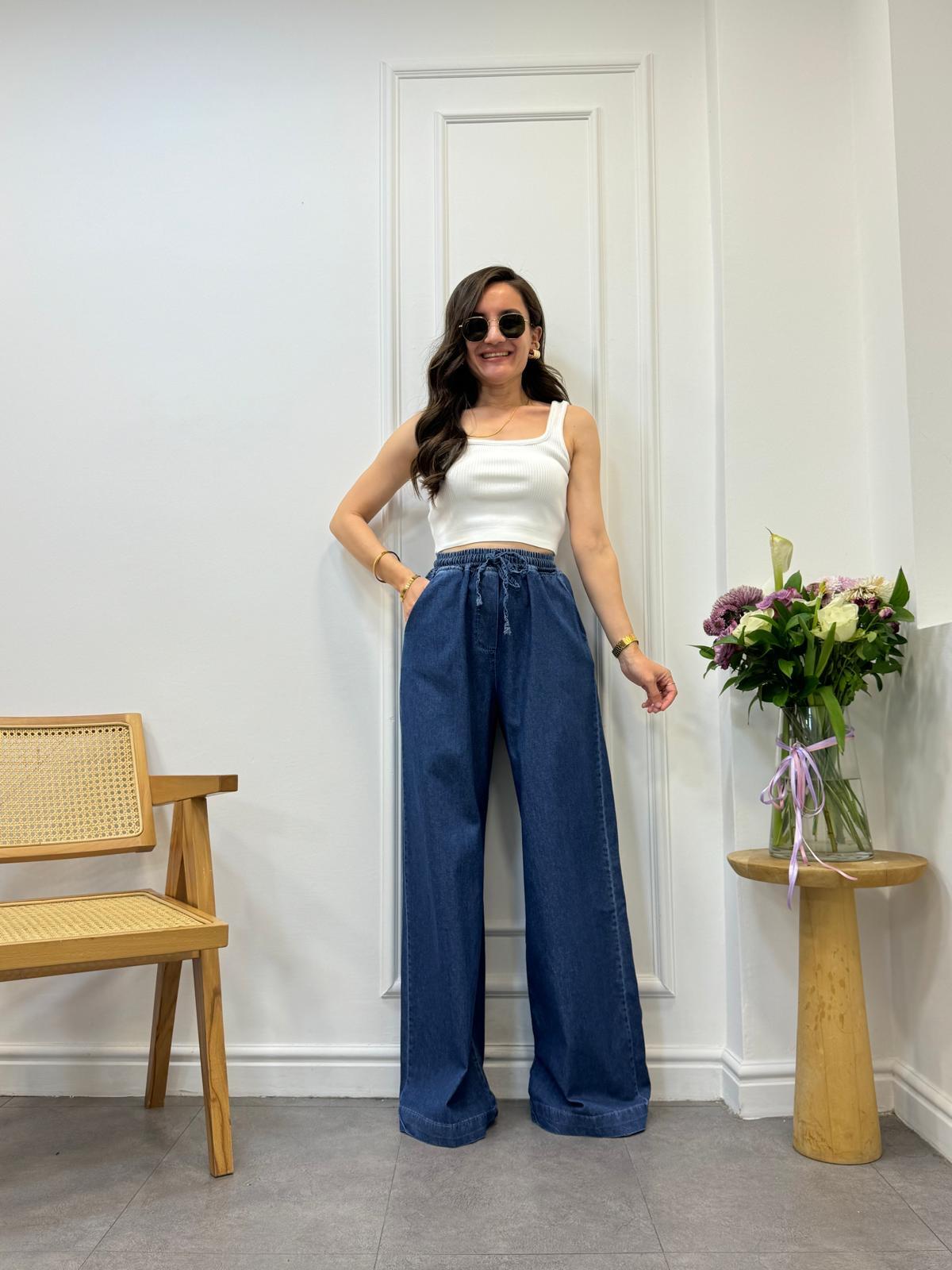 Mavi Beli Lastikli Bol Paça Jean 1604