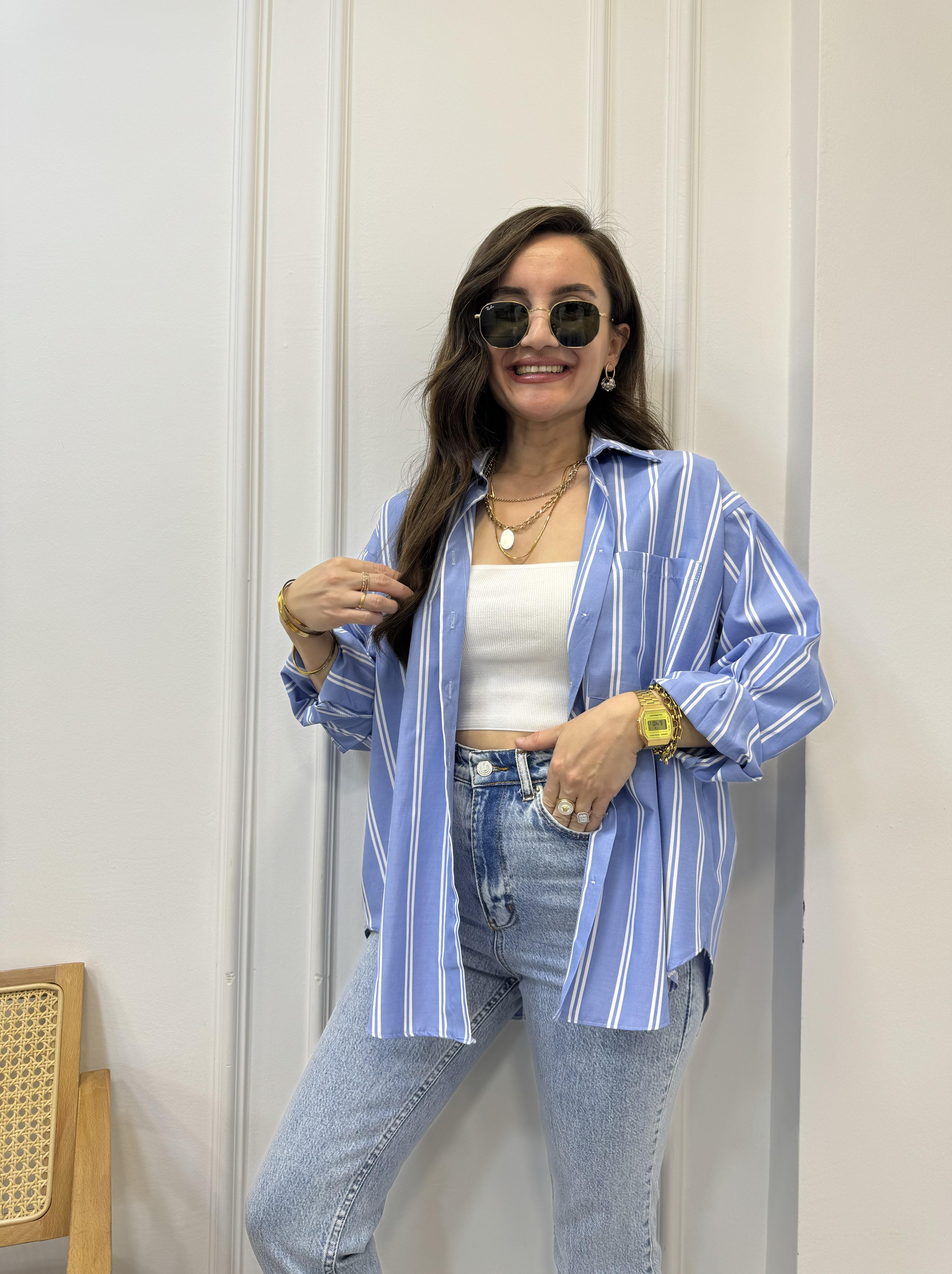 Mavi Beyaz Kalın Çizgili Tek Cep Oversize Gömlek 5137