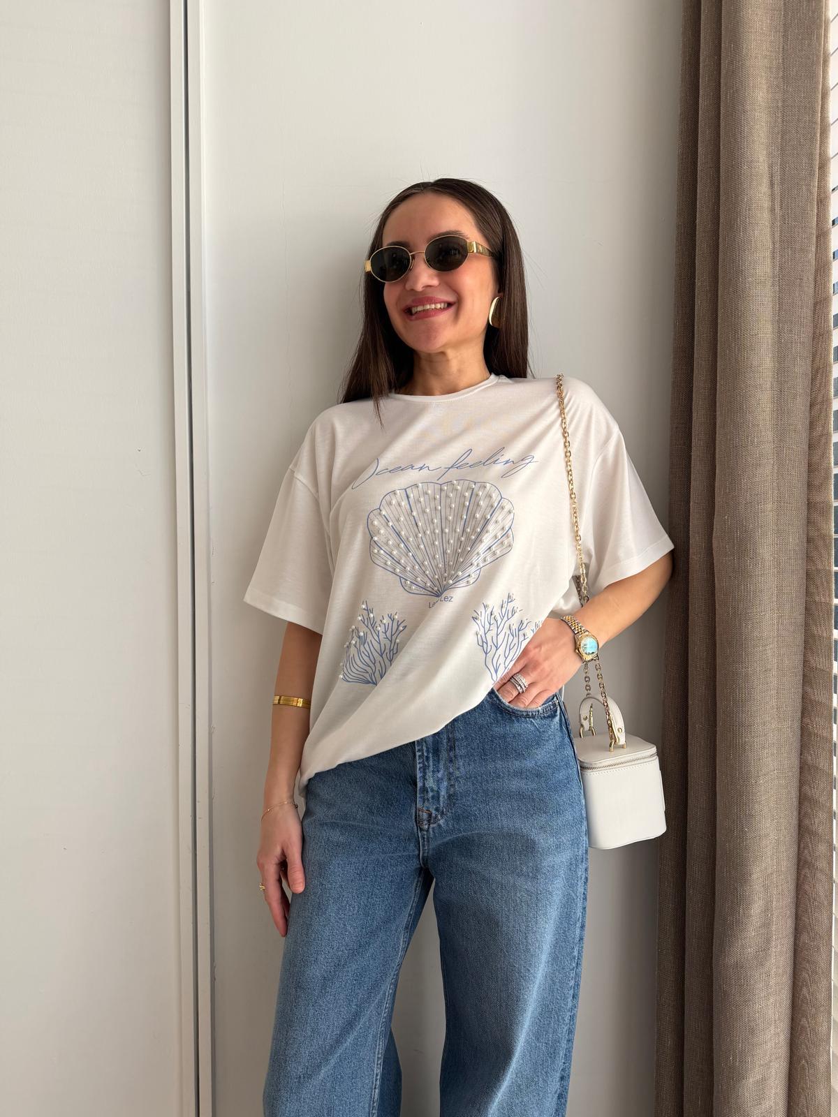 Mavi Bisiklet Yaka Boncuk Baskılı T-Shirt 22919